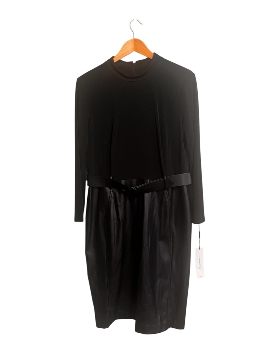 Calvin Klein Black Long Sleeve Dress with Faux Leather Skirt and Belt
